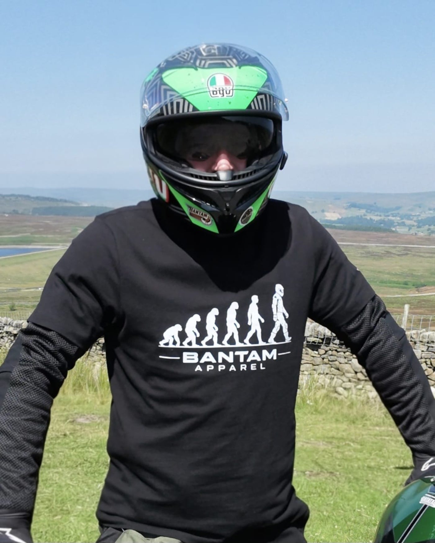 Bantam Apparel Evolution T-Shirt in the wild. Being worn on a summers day by TheBantamBiker over Knox body armour. 